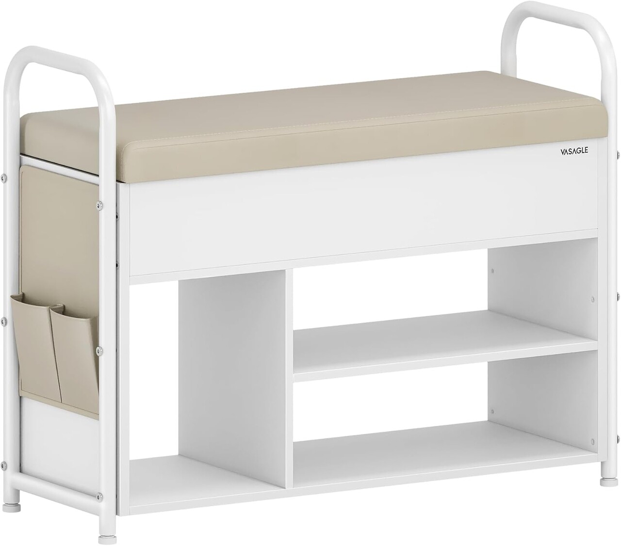 Bancheta cu pantofar si spatiu de depozitare, Vasagle, 80.6x30x62.5 cm, max 91 kg, otel/piele ecologica, alb - imagine 7